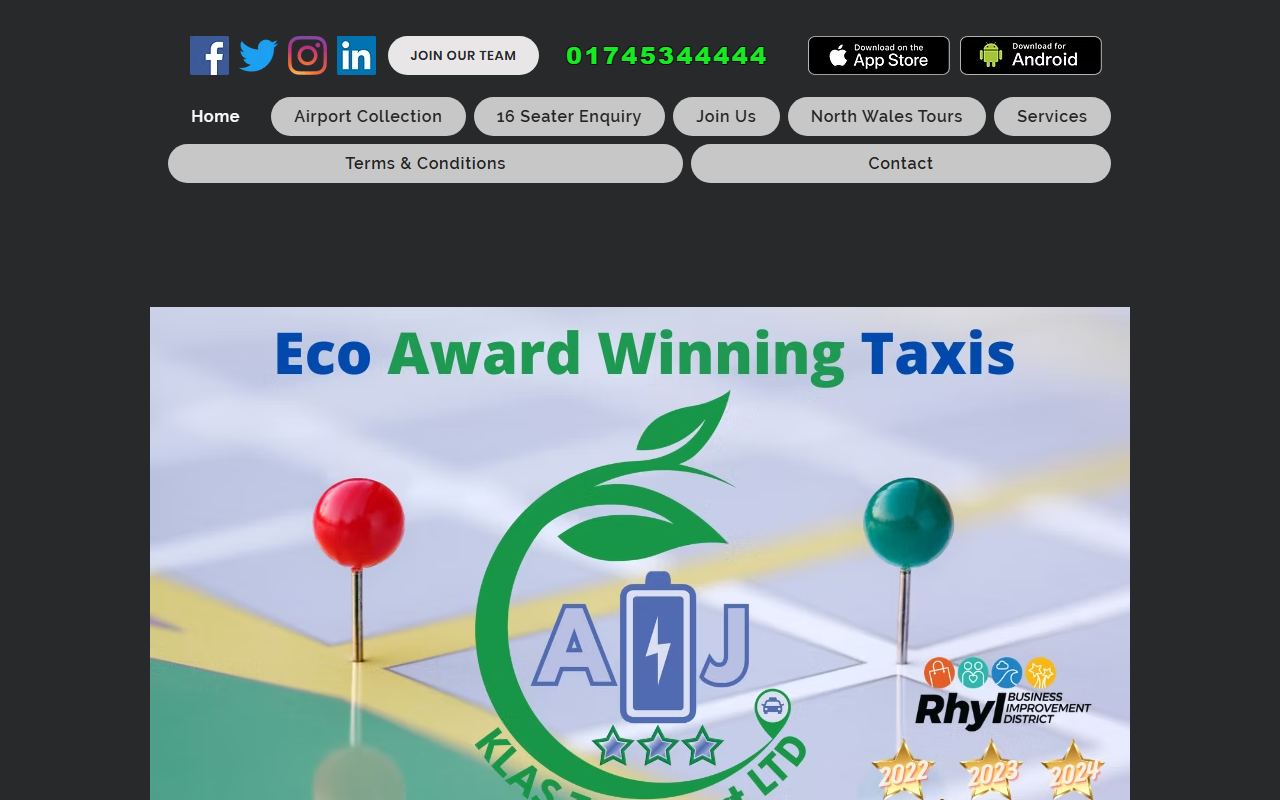 A and J Taxis website screenshot showing their bus services and timetable information