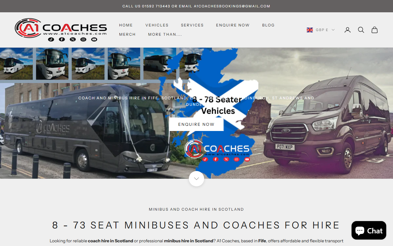 A1 Coaches Ltd website screenshot showing their bus services and timetable information