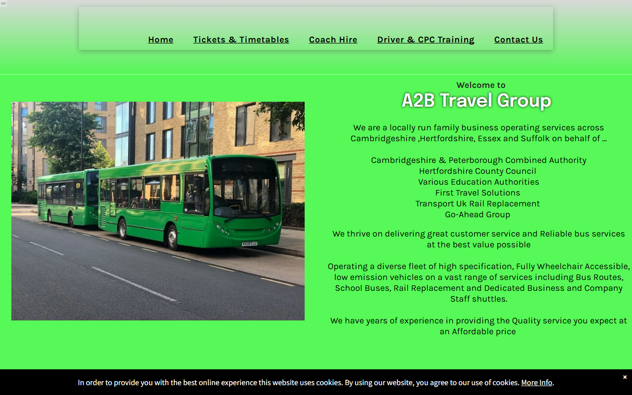 A2B Travel (UK) Limited website screenshot showing their bus services and timetable information
