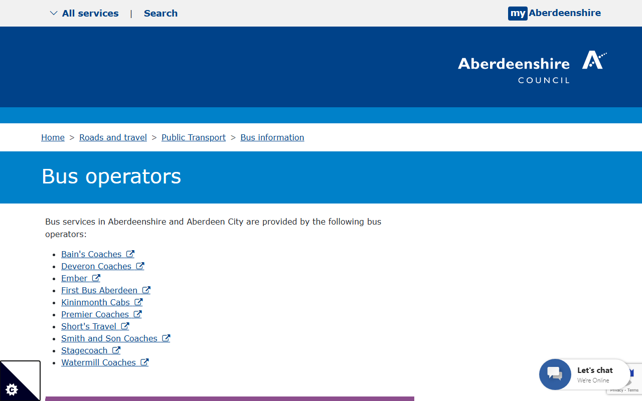 Aberdeenshire Council website screenshot showing their bus services and timetable information