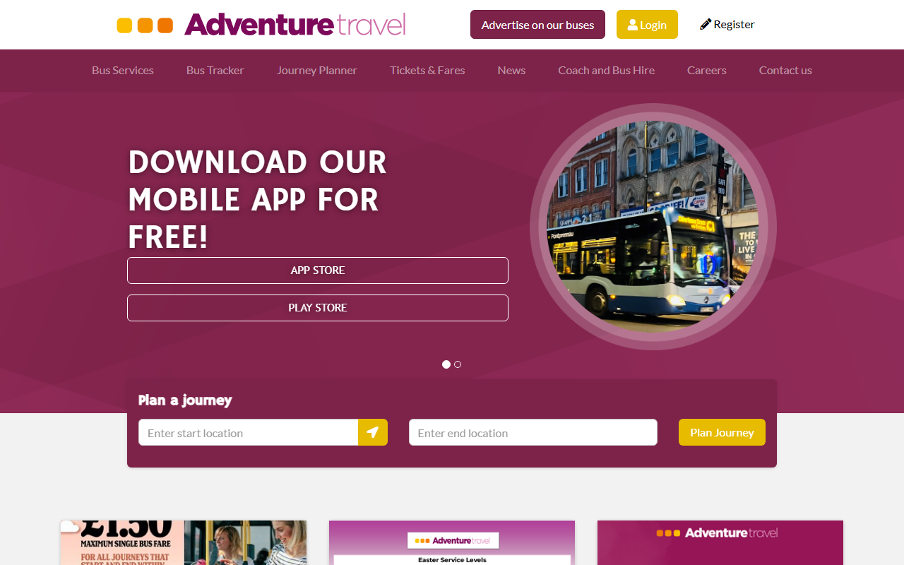 Adventure Travel website screenshot showing their bus services and timetable information