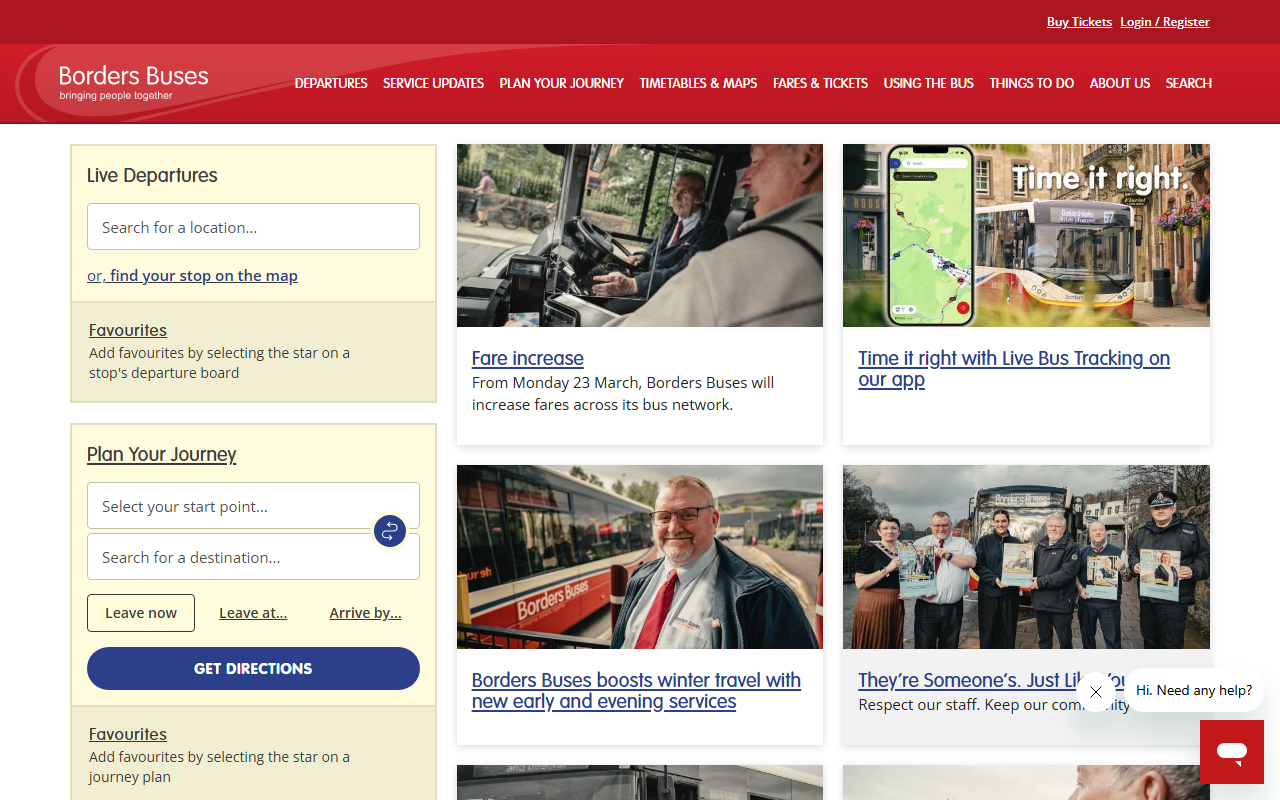 Andersons of Langholm website screenshot showing their bus services and timetable information