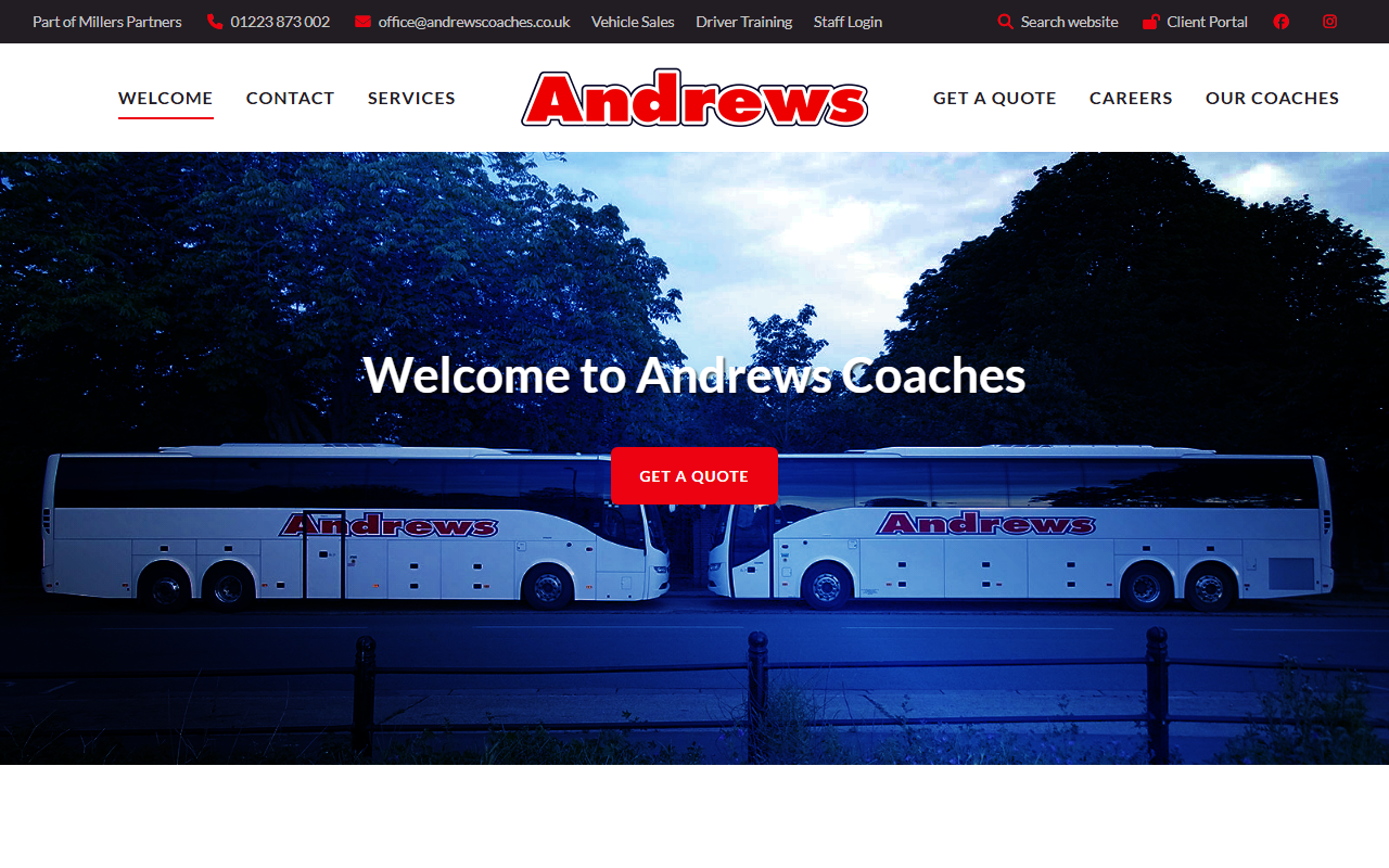 Andrews website screenshot showing their bus services and timetable information