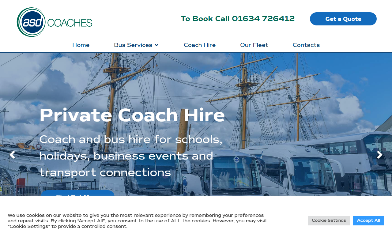 ASD Coaches website screenshot showing their bus services and timetable information
