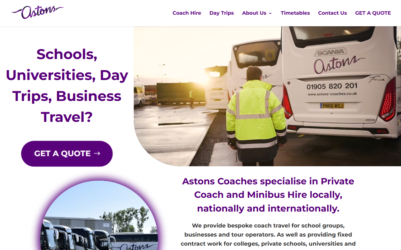 Aston Coaches website screenshot showing their bus services and timetable information