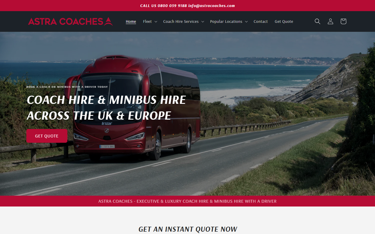 Astra Coach Travel website screenshot showing their bus services and timetable information