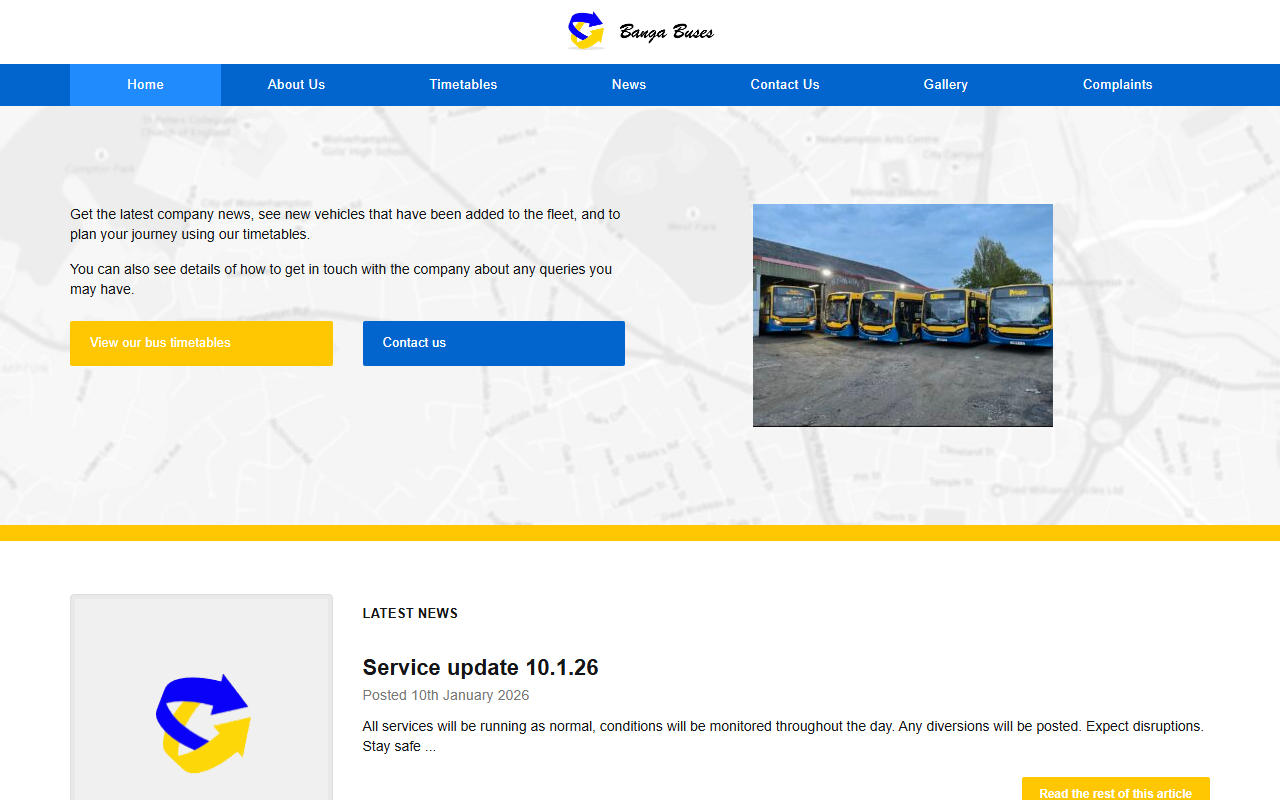 Banga Buses website screenshot showing their bus services and timetable information