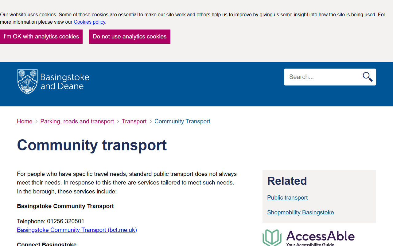 Basingstoke Community T website screenshot showing their bus services and timetable information