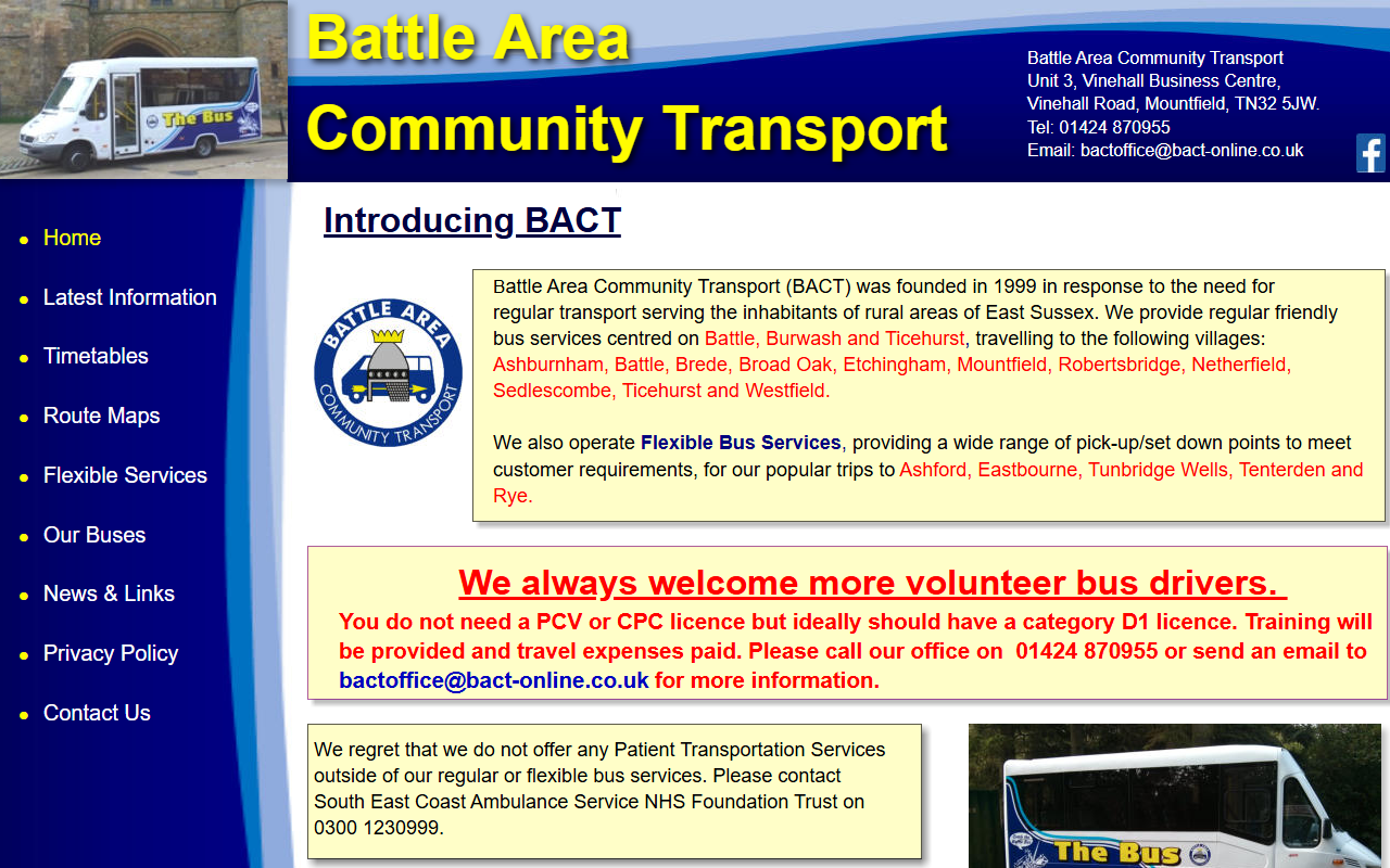 Battle Area Community Tr website screenshot showing their bus services and timetable information