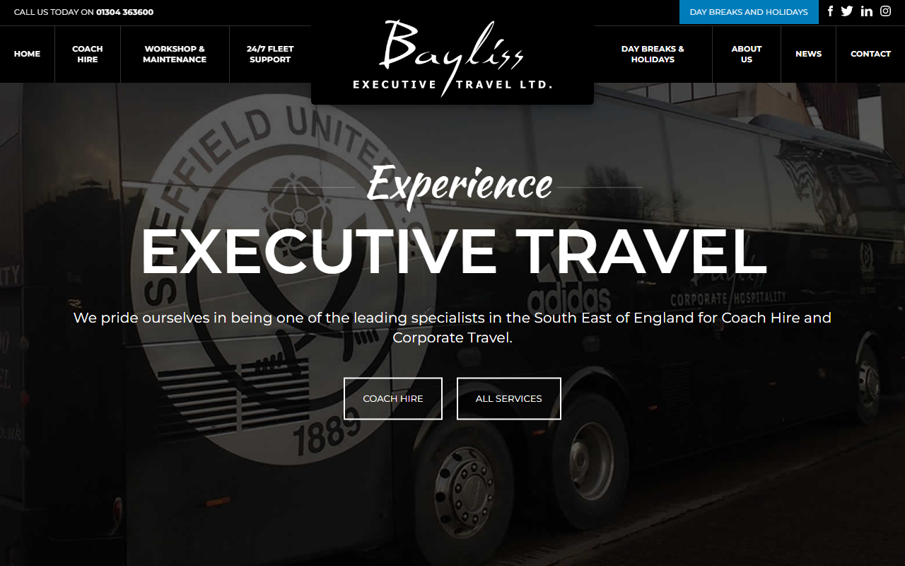 Bayliss Executive Travel website screenshot showing their bus services and timetable information