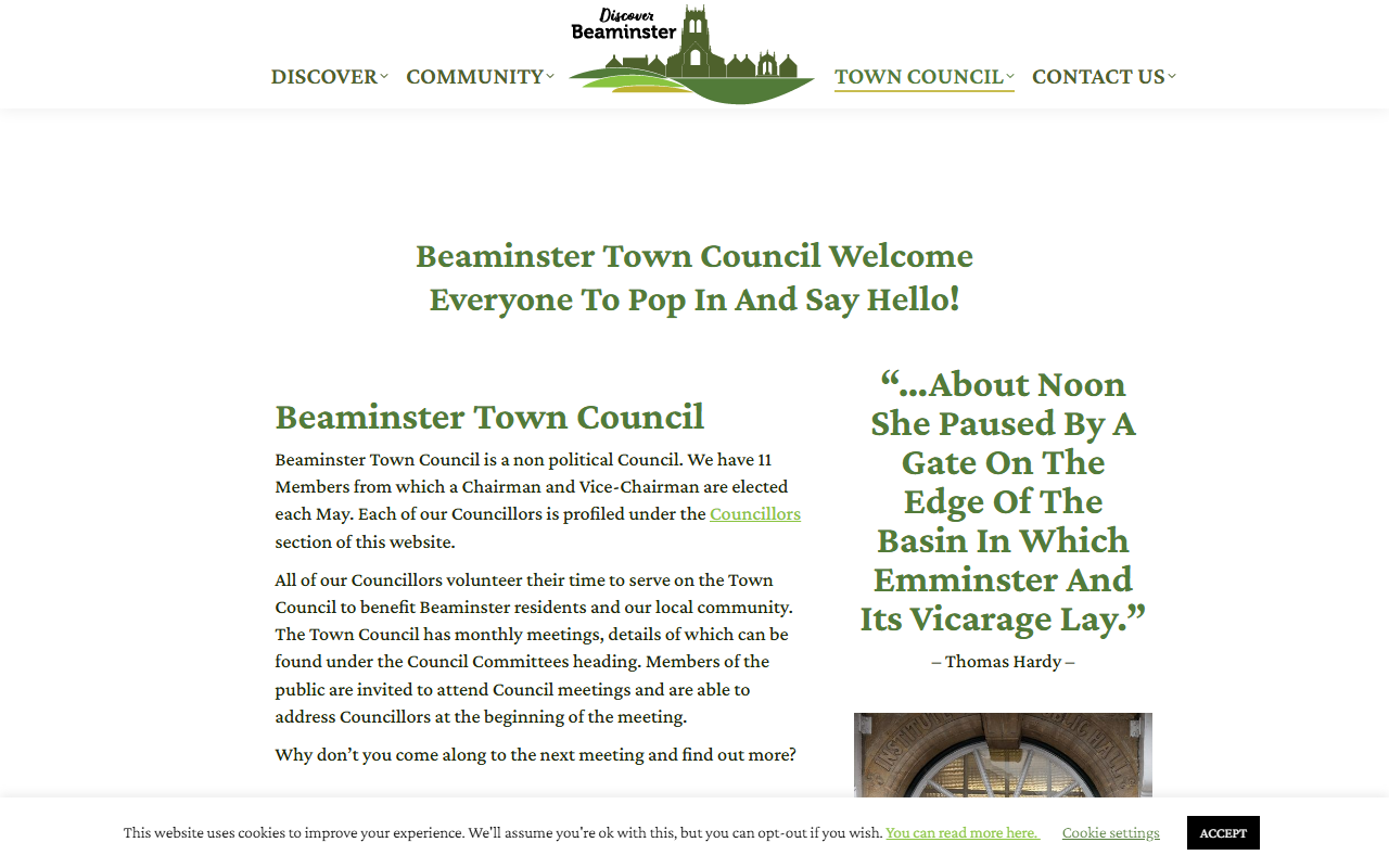 Beaminster Town Council website screenshot showing their bus services and timetable information