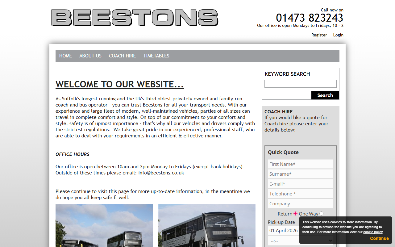 Beestons website screenshot showing their bus services and timetable information