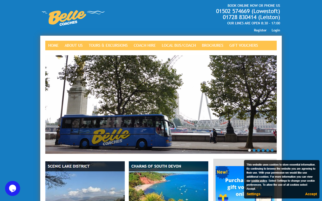 Belle Coaches website screenshot showing their bus services and timetable information
