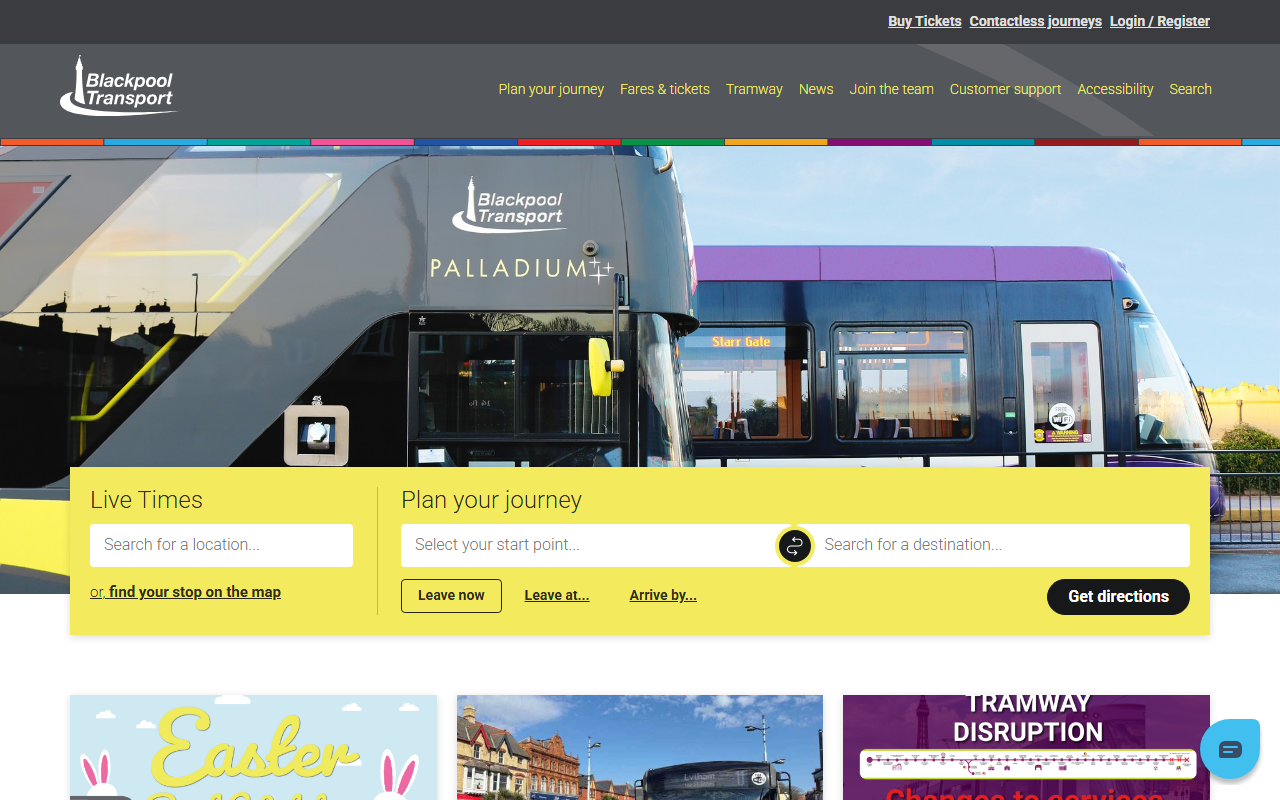 Blackpool Transport website screenshot showing their bus services and timetable information