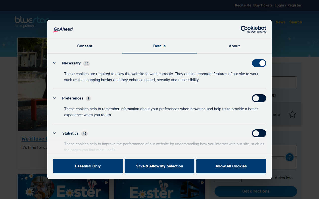 Bluestar website screenshot showing their bus services and timetable information