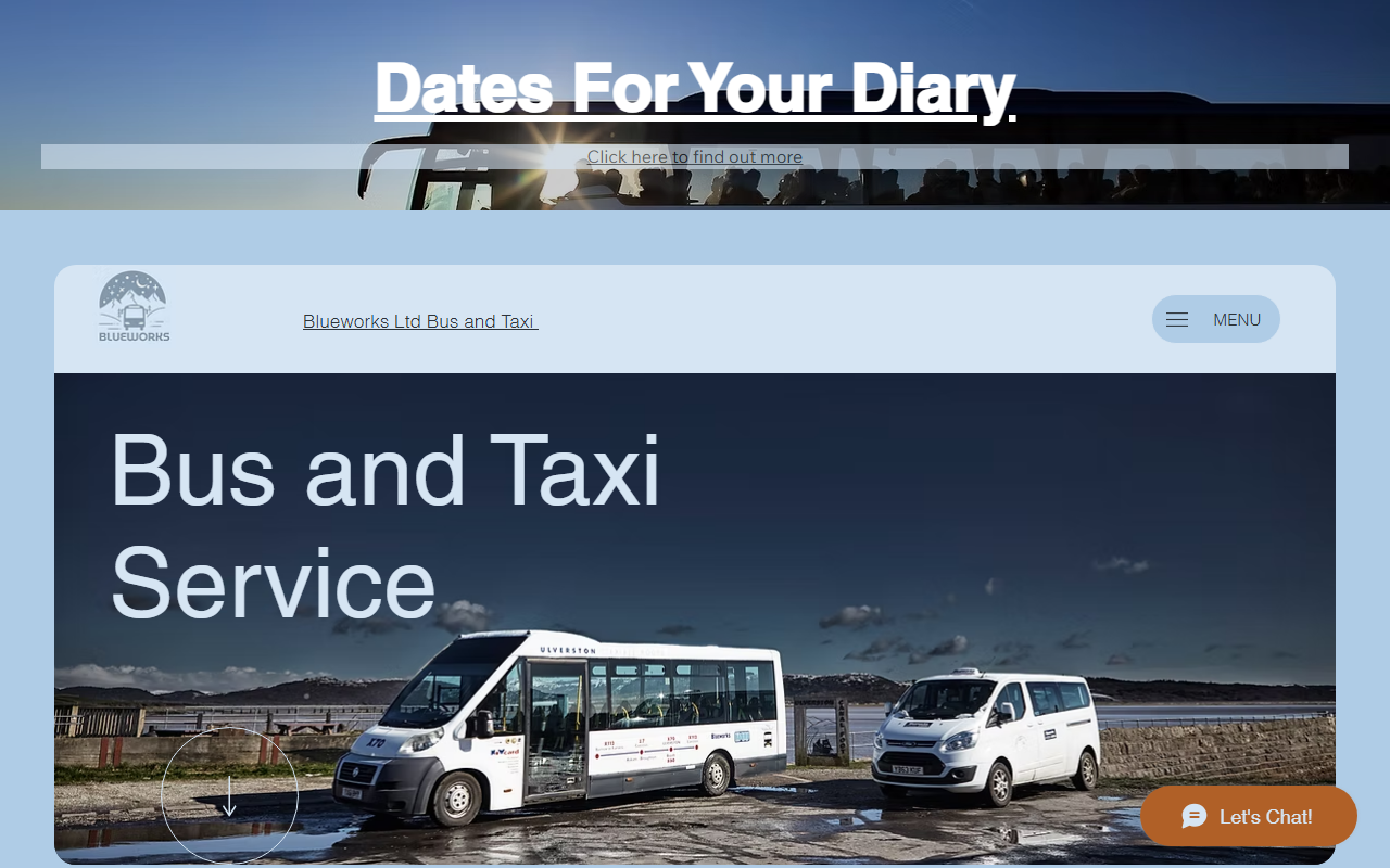Blueworks Taxis Ltd website screenshot showing their bus services and timetable information
