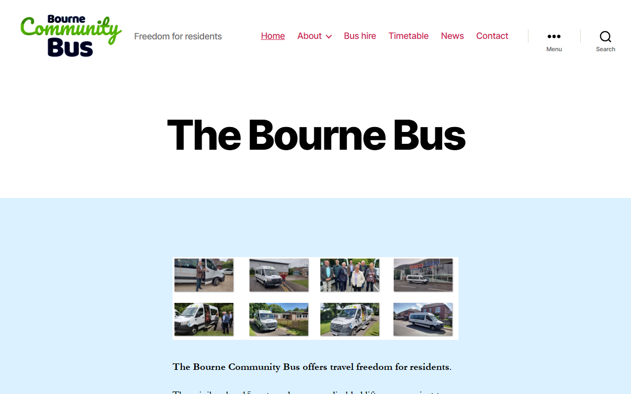 Bourne Community Bus website screenshot showing their bus services and timetable information