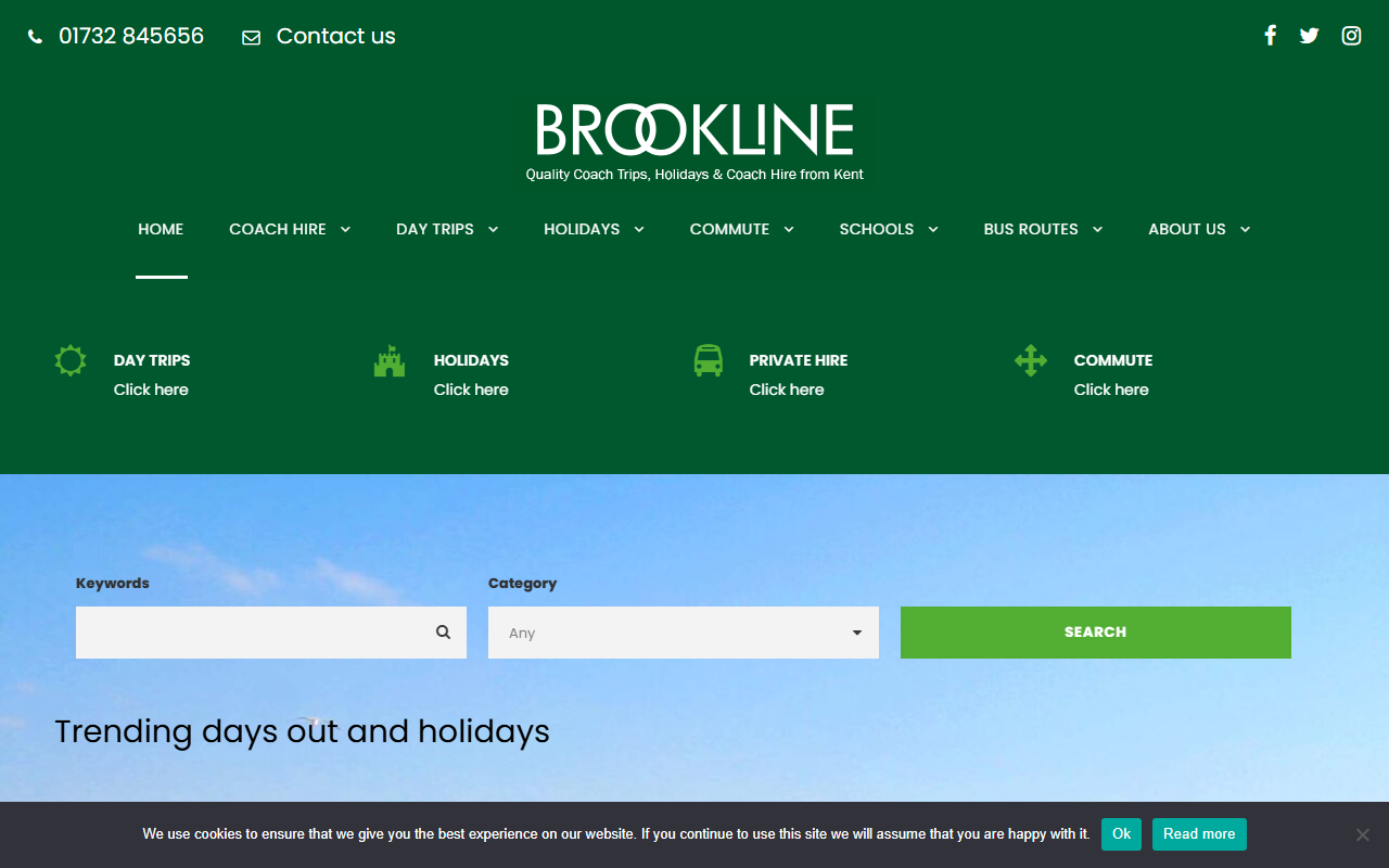 Brookline Coaches Ltd website screenshot showing their bus services and timetable information