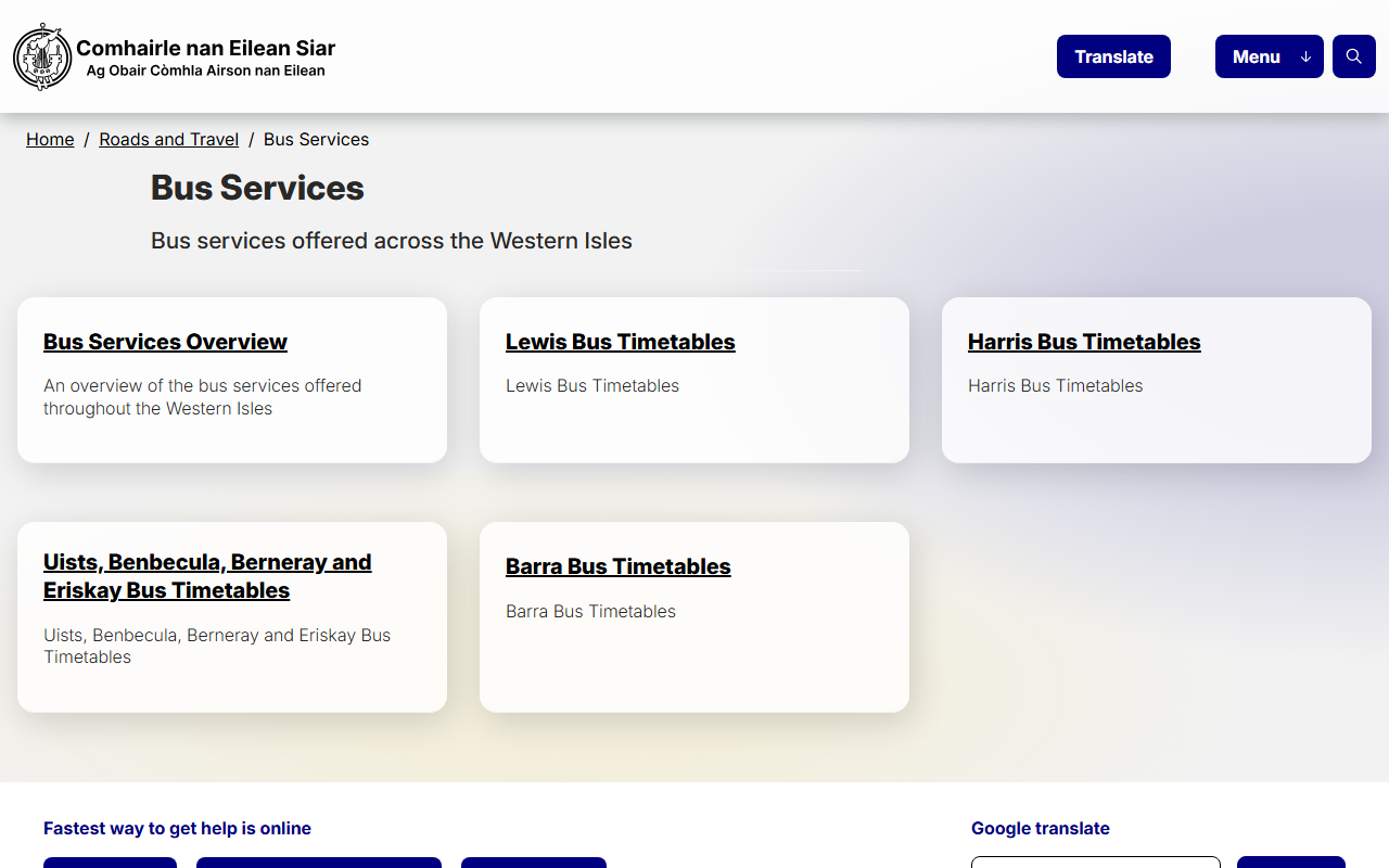 Bus na Comhairle website screenshot showing their bus services and timetable information