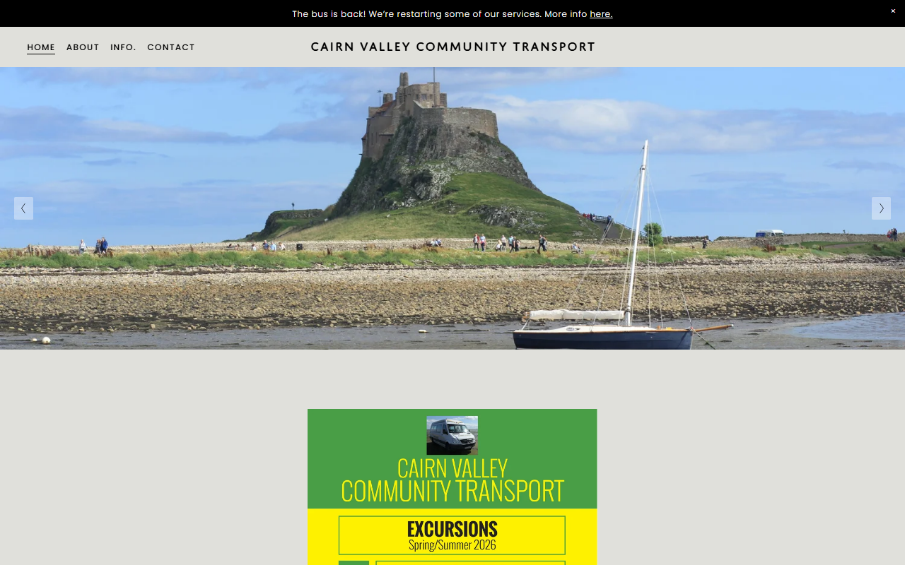Cairn Valley Community T website screenshot showing their bus services and timetable information