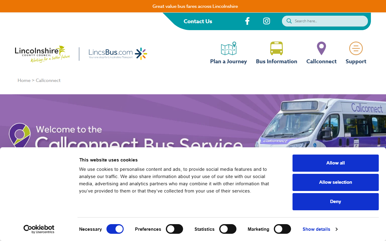 CallConnect website screenshot showing their bus services and timetable information