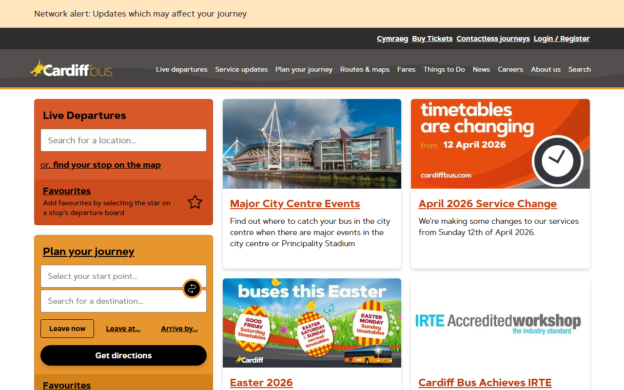 Cardiff Bus website screenshot showing their bus services and timetable information