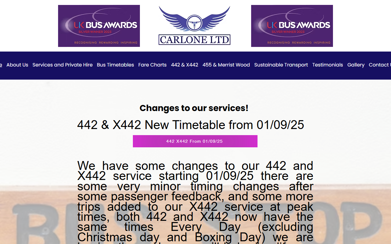 Carlone Buses website screenshot showing their bus services and timetable information