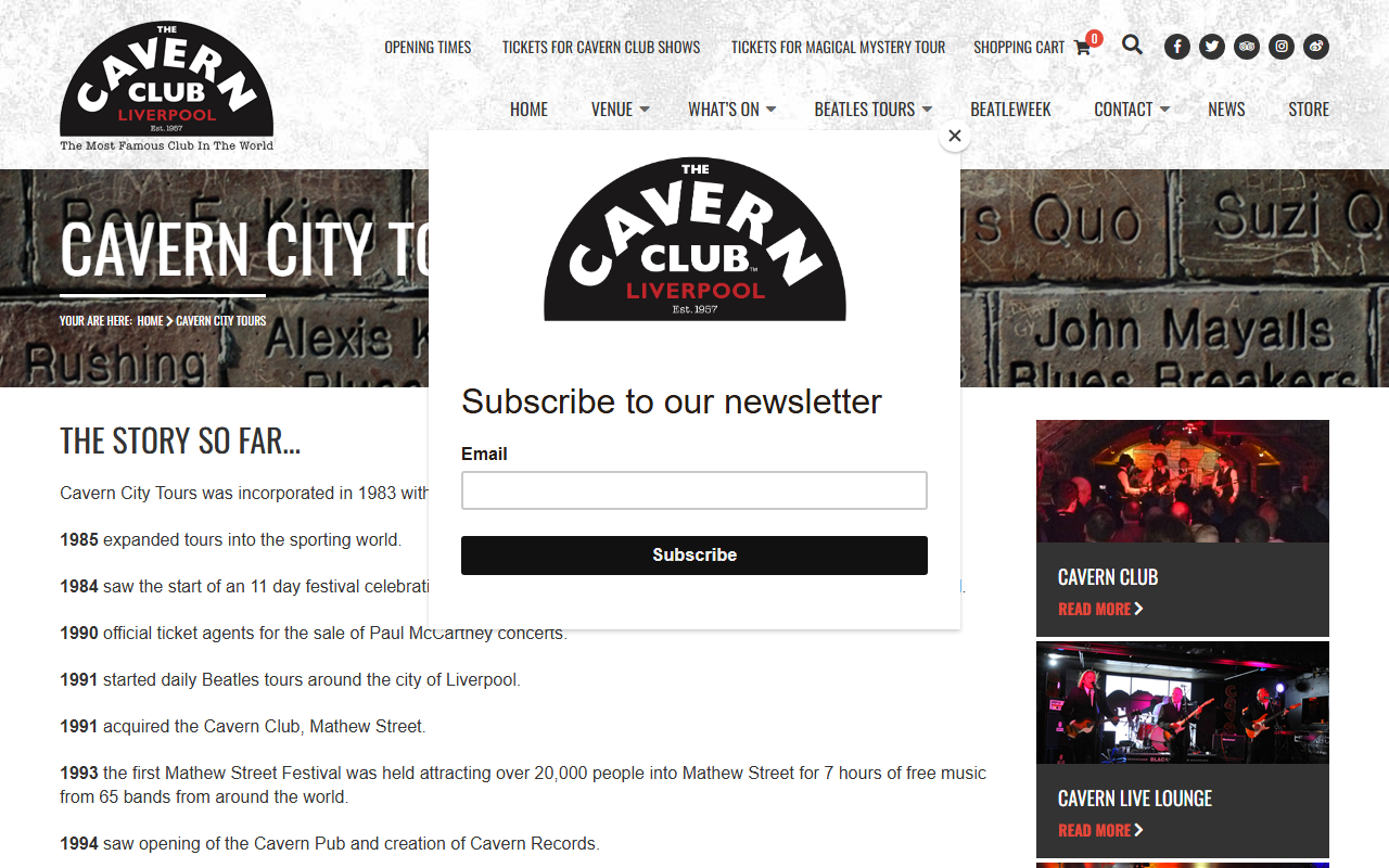 Cavern City Tours website screenshot showing their bus services and timetable information