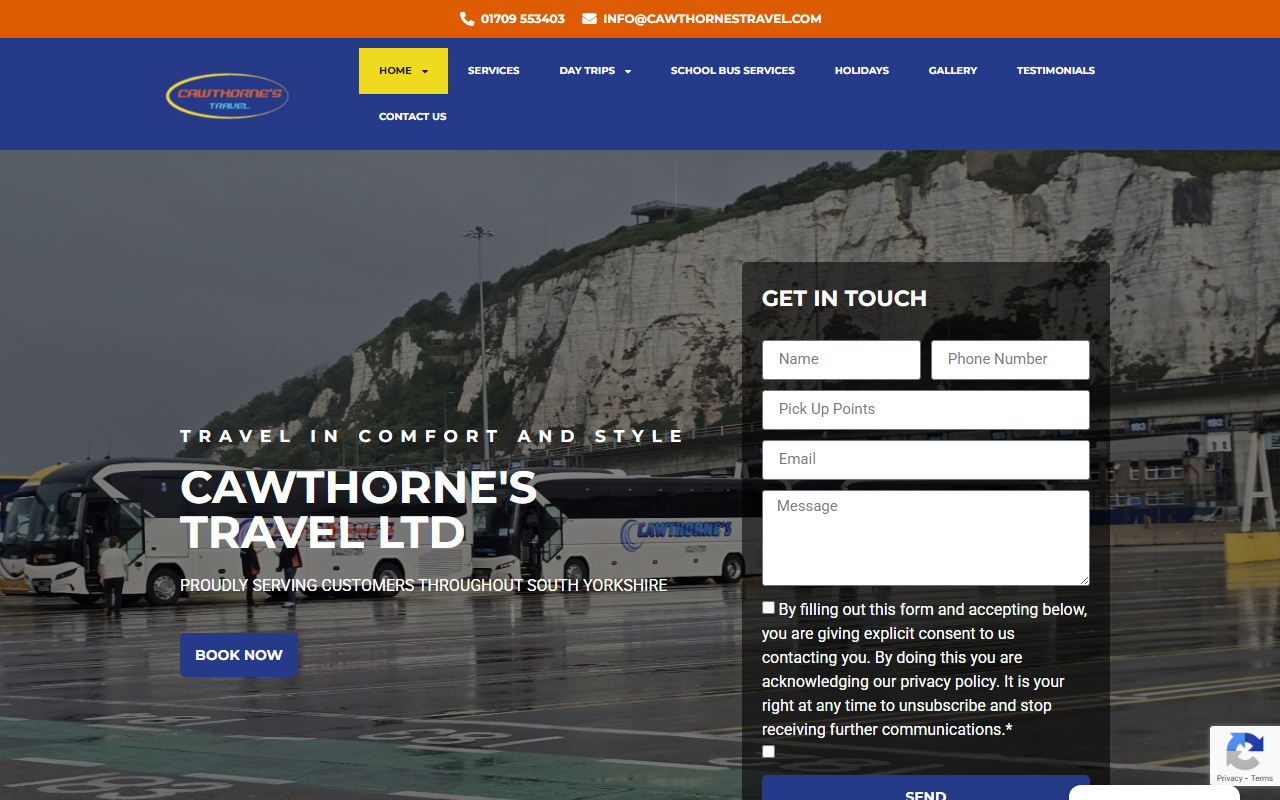 Cawthornes Travel website screenshot showing their bus services and timetable information