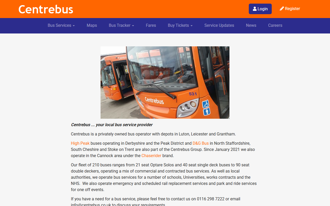 Centrebus Group website screenshot showing their bus services and timetable information