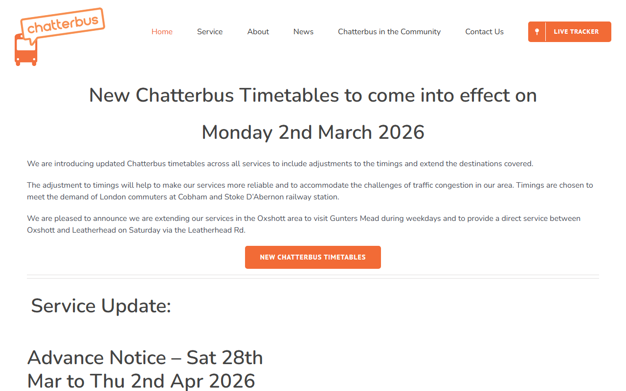 Chatterbus website screenshot showing their bus services and timetable information
