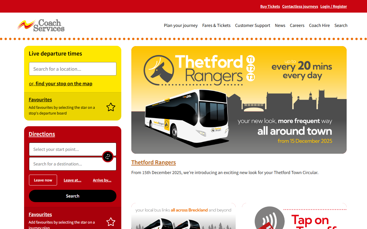Coach Services website screenshot showing their bus services and timetable information