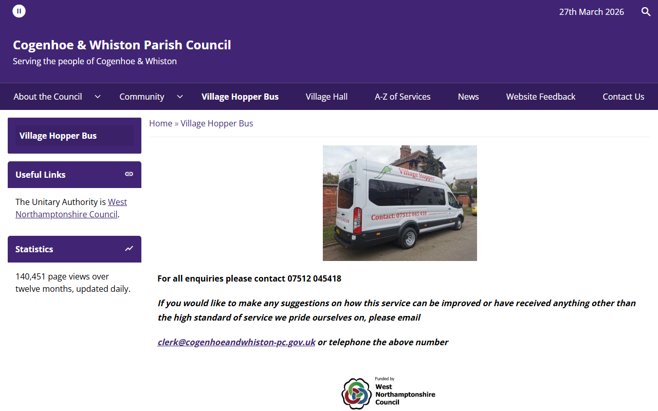 Cogenhoe and Whiston Parish Council website screenshot showing their bus services and timetable information