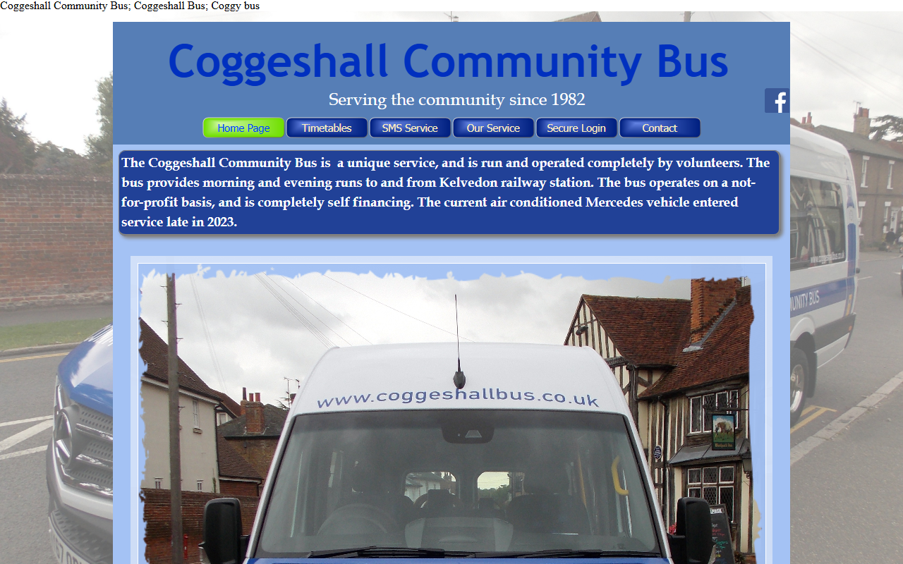 Coggeshall Community Bus website screenshot showing their bus services and timetable information