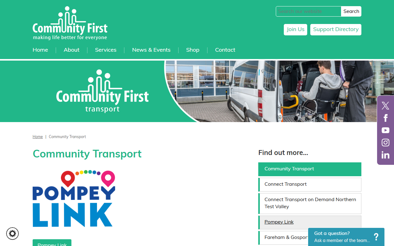 Communities First Wessex website screenshot showing their bus services and timetable information