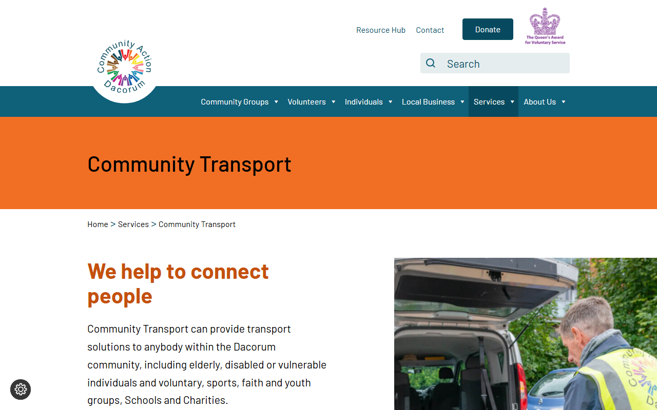 Community Action Dacorum website screenshot showing their bus services and timetable information