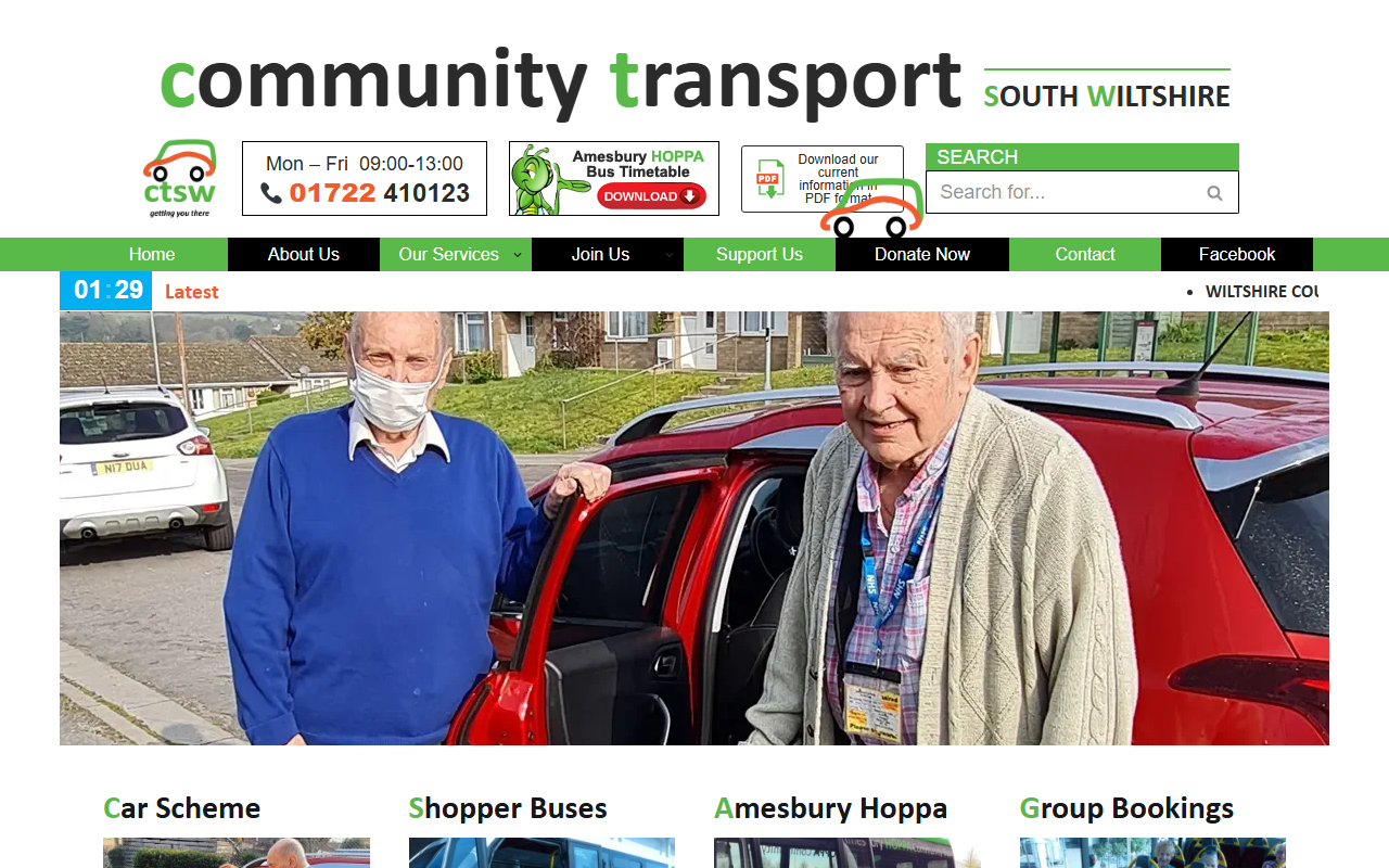 Community Transport South Wiltshire website screenshot showing their bus services and timetable information