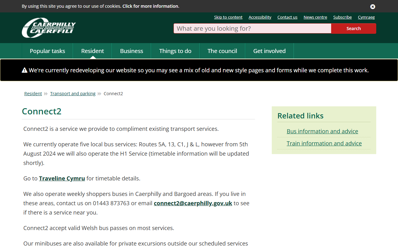 Connect2 website screenshot showing their bus services and timetable information