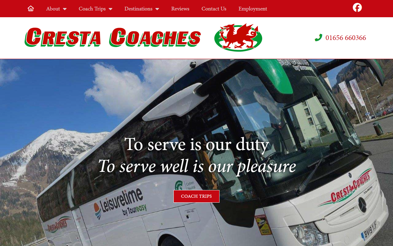 Cresta Coaches website screenshot showing their bus services and timetable information