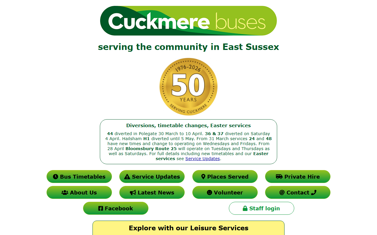 Cuckmere Buses website screenshot showing their bus services and timetable information