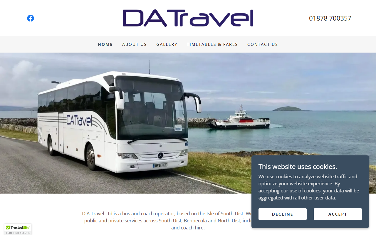 DA Travel website screenshot showing their bus services and timetable information