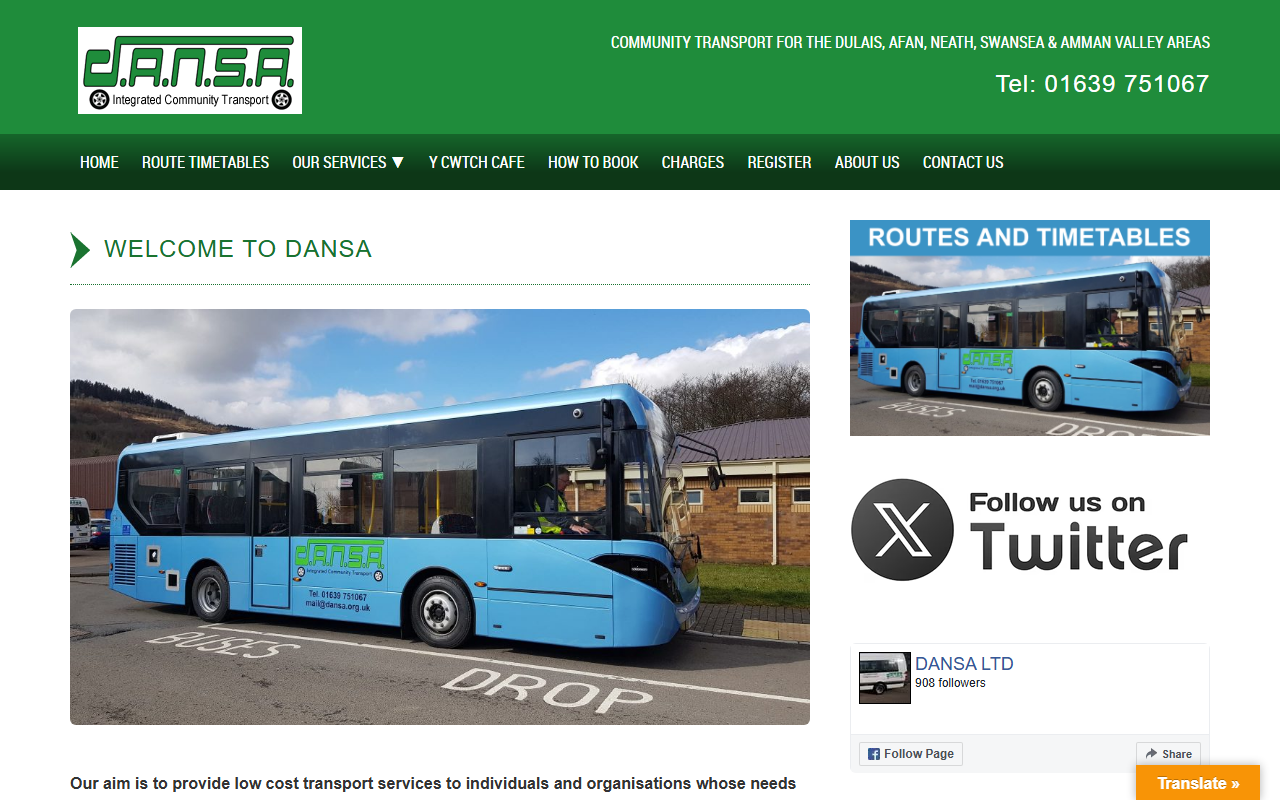 Dansa website screenshot showing their bus services and timetable information