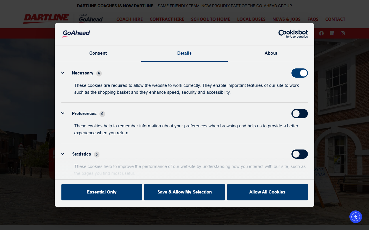 Dartline Coaches website screenshot showing their bus services and timetable information