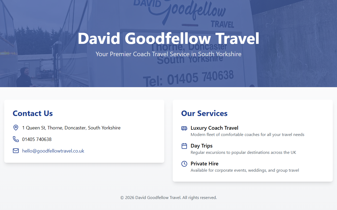 David Goodfellow Travel website screenshot showing their bus services and timetable information