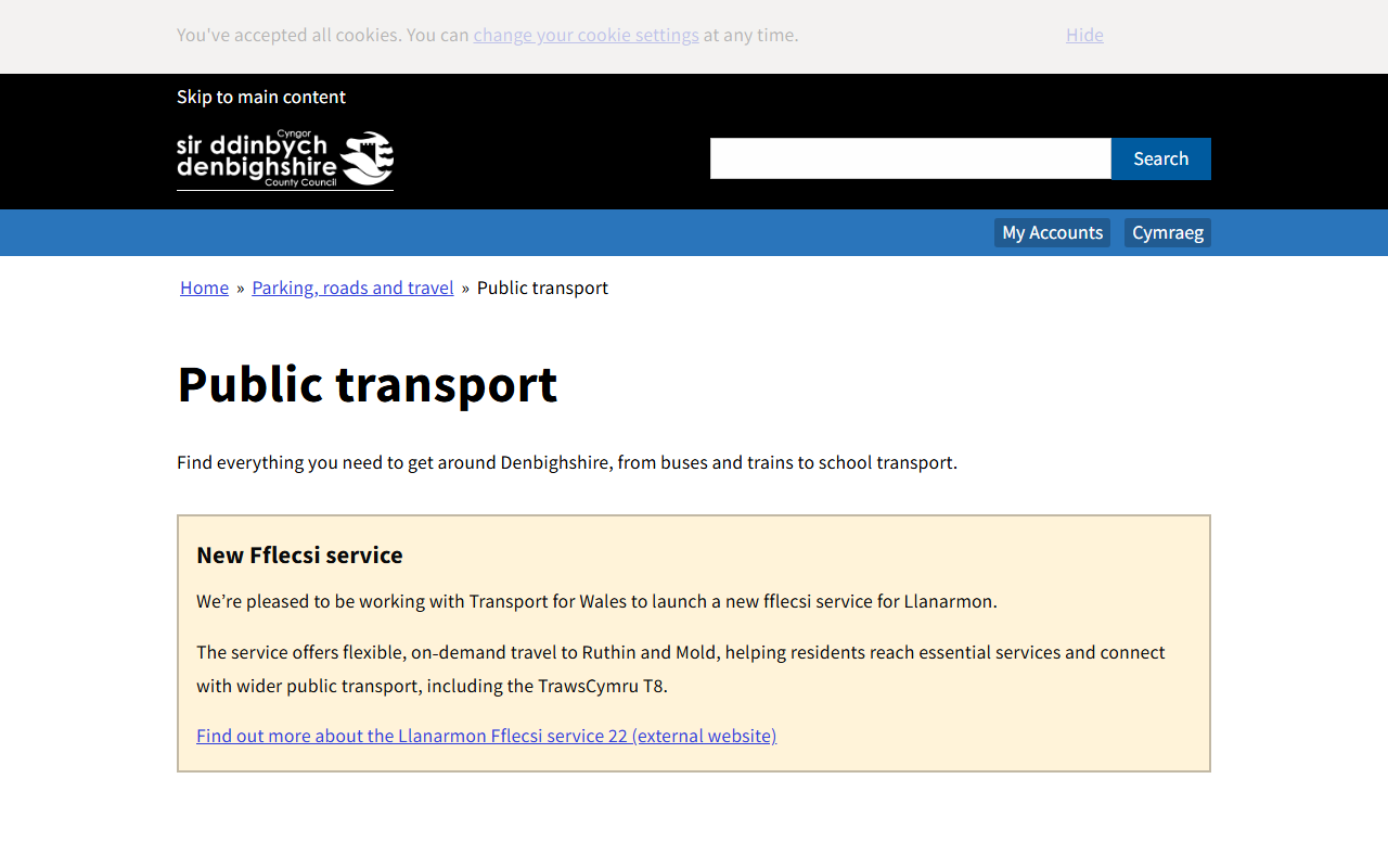 Denbighshire Council website screenshot showing their bus services and timetable information