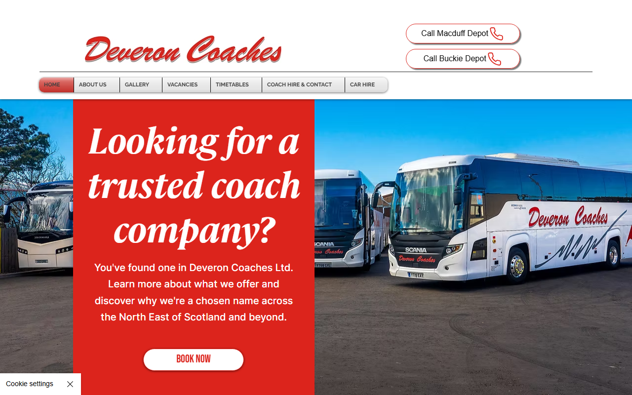 Deveron Coaches website screenshot showing their bus services and timetable information