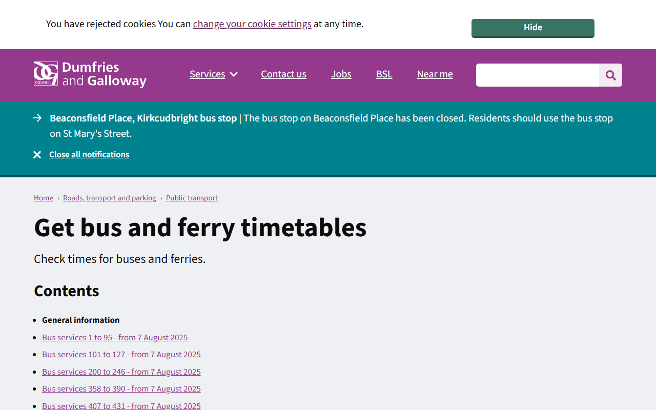 DGC Buses website screenshot showing their bus services and timetable information