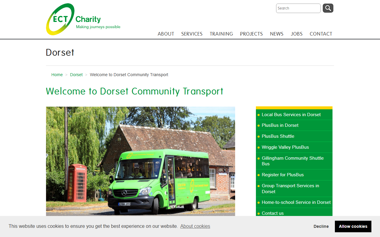 Dorset Community Transp website screenshot showing their bus services and timetable information
