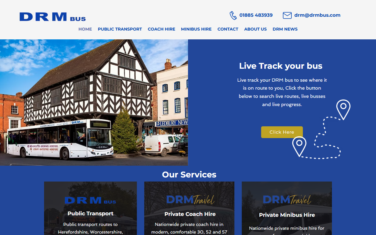 DRM Coaches website screenshot showing their bus services and timetable information