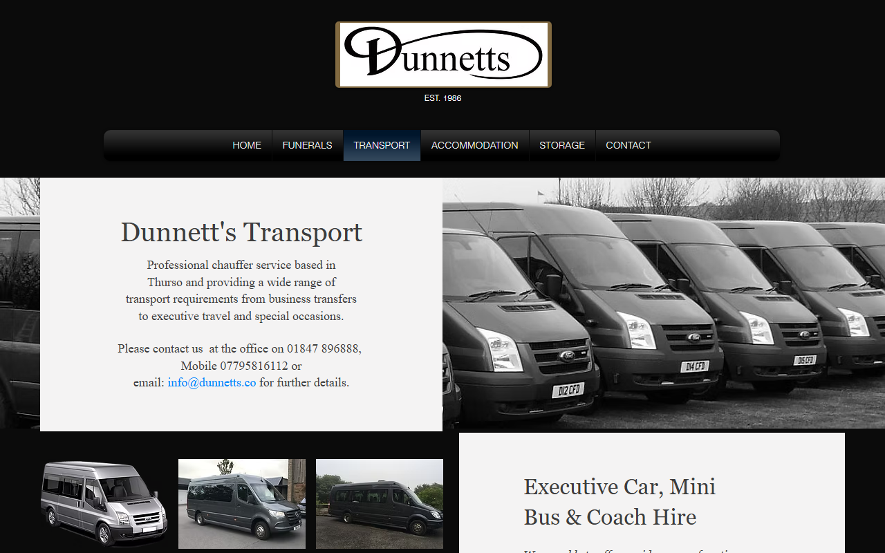 Dunnetts Transport website screenshot showing their bus services and timetable information